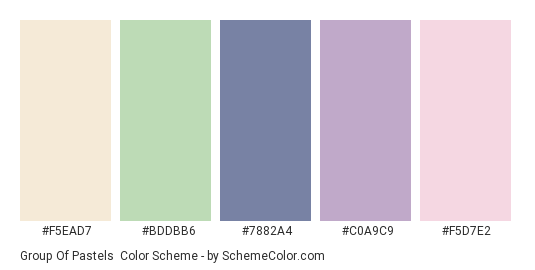 Group of Pastels - Color scheme palette thumbnail - #F5EAD7 #BDDBB6 #7882A4 #C0A9C9 #F5D7E2 