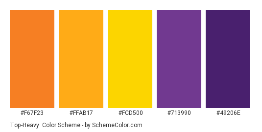 Top-Heavy - Color scheme palette thumbnail - #F67F23 #FFAB17 #FCD500 #713990 #49206E 