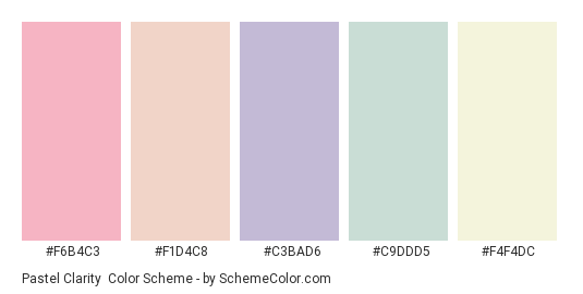 Pastel Clarity - Color scheme palette thumbnail - #F6B4C3 #F1D4C8 #C3BAD6 #C9DDD5 #F4F4DC 