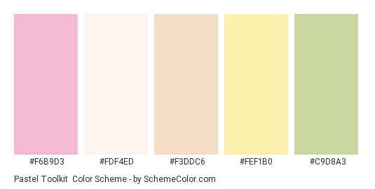 Pastel Toolkit - Color scheme palette thumbnail - #F6B9D3 #FDF4ED #F3DDC6 #FEF1B0 #C9D8A3 