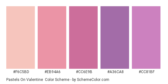Pastels on Valentine - Color scheme palette thumbnail - #F6C5BD #EB94A6 #CC6E9B #A36CA8 #CC81BF 