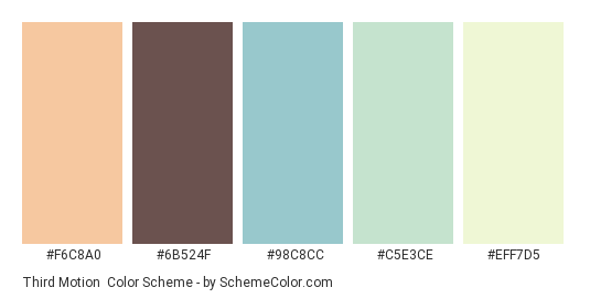 Third Motion - Color scheme palette thumbnail - #F6C8A0 #6B524F #98C8CC #C5E3CE #EFF7D5 