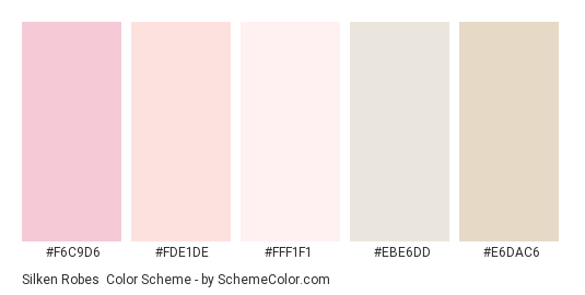 Silken Robes - Color scheme palette thumbnail - #F6C9D6 #FDE1DE #FFF1F1 #EBE6DD #E6DAC6 