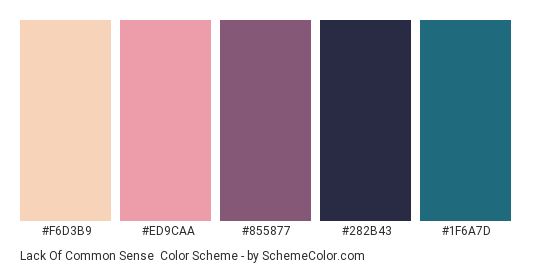 Lack of Common Sense - Color scheme palette thumbnail - #F6D3B9 #ED9CAA #855877 #282B43 #1F6A7D 