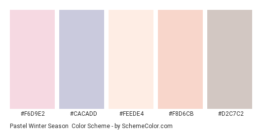 Pastel Winter Season - Color scheme palette thumbnail - #F6D9E2 #CACADD #FEEDE4 #F8D6CB #D2C7C2 