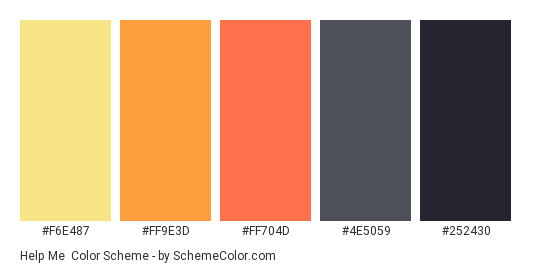 Help Me - Color scheme palette thumbnail - #F6E487 #FF9E3D #FF704D #4E5059 #252430 