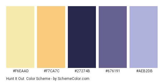 Hunt it Out - Color scheme palette thumbnail - #F6EAAD #F7CA7C #27274B #676191 #AEB2DB 