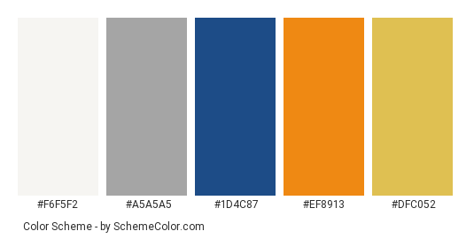 Khalsa Warriors - Color scheme palette thumbnail - #F6F5F2 #A5A5A5 #1D4C87 #EF8913 #DFC052 