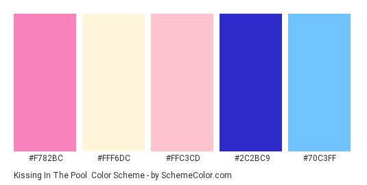 Kissing in the Pool - Color scheme palette thumbnail - #F782BC #FFF6DC #FFC3CD #2C2BC9 #70C3FF 