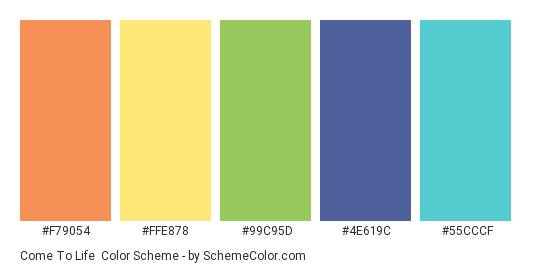 Come to Life - Color scheme palette thumbnail - #F79054 #FFE878 #99C95D #4E619C #55CCCF 