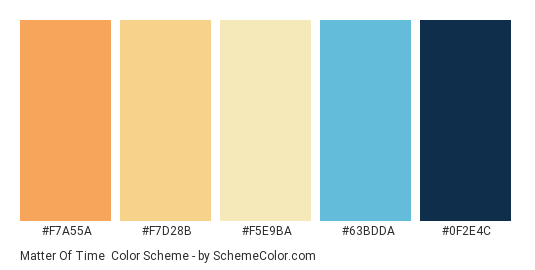 Matter of Time - Color scheme palette thumbnail - #F7A55A #F7D28B #F5E9BA #63BDDA #0F2E4C 