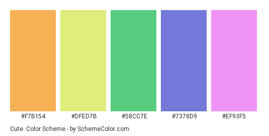 Cute - Color scheme palette thumbnail - #F7B154 #DFED7B #58CC7E #7378D9 #EF93F5 