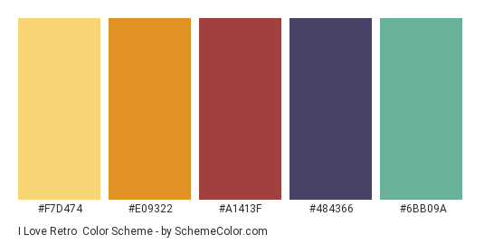 I Love Retro - Color scheme palette thumbnail - #F7D474 #E09322 #A1413F #484366 #6BB09A 