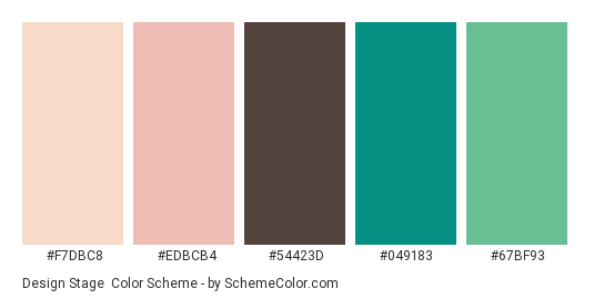 Design Stage - Color scheme palette thumbnail - #F7DBC8 #EDBCB4 #54423D #049183 #67BF93 