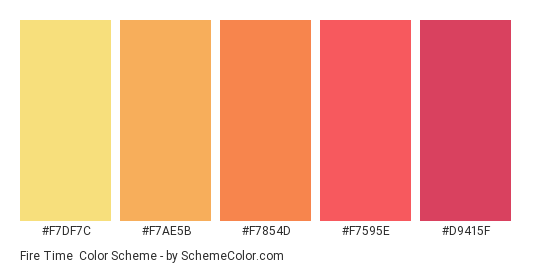 Fire Time - Color scheme palette thumbnail - #F7DF7C #F7AE5B #F7854D #F7595E #D9415F 