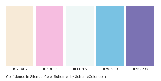 Confidence in Silence - Color scheme palette thumbnail - #F7EAD7 #F6BDE0 #EEF7F6 #79C2E3 #7B72B3 