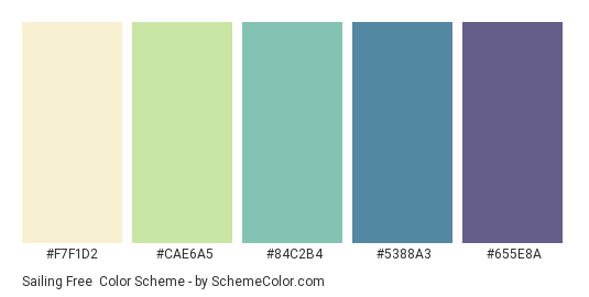Sailing Free - Color scheme palette thumbnail - #F7F1D2 #CAE6A5 #84C2B4 #5388A3 #655E8A 