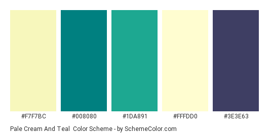 Pale Cream and Teal - Color scheme palette thumbnail - #F7F7BC #008080 #1DA891 #FFFDD0 #3E3E63 