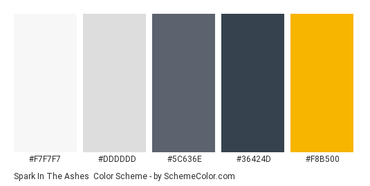 Spark In the Ashes - Color scheme palette thumbnail - #F7F7F7 #DDDDDD #5C636E #36424D #F8B500 