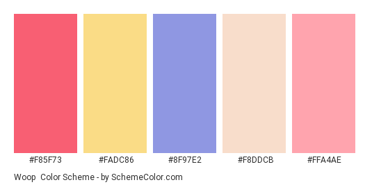 Woop - Color scheme palette thumbnail - #F85F73 #fadc86 #8f97e2 #f8ddcb #ffa4ae 