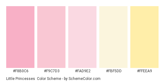 Little Princesses - Color scheme palette thumbnail - #F8B0C6 #F9C7D3 #FAD9E2 #FBF5DD #FFEEA9 