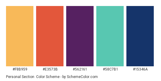 Personal Section - Color scheme palette thumbnail - #F8B959 #E3573B #562161 #58C7B1 #15346A 