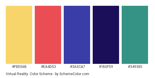 Virtual Reality - Color scheme palette thumbnail - #F8D56B #EA4D53 #3A3CA7 #1B0F59 #349385 