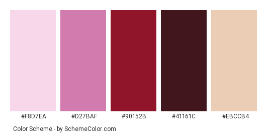 Blackberry Ice-Cream - Color scheme palette thumbnail - #F8D7EA #D27BAF #90152B #41161C #EBCCB4 
