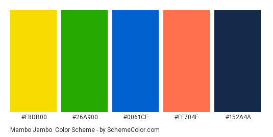 Mambo Jambo - Color scheme palette thumbnail - #F8DB00 #26A900 #0061CF #FF704F #152A4A 