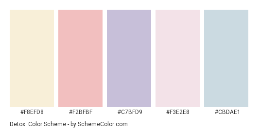 Detox - Color scheme palette thumbnail - #F8EFD8 #F2BFBF #C7BFD9 #F3E2E8 #CBDAE1 
