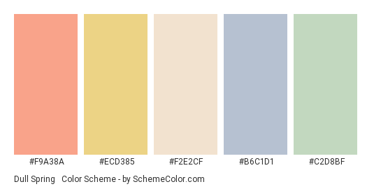 Dull Spring #2 - Color scheme palette thumbnail - #F9A38A #ecd385 #f2e2cf #B6C1D1 #C2D8BF 