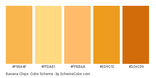 Banana Chips - Color scheme palette thumbnail - #F9B64F #FFDA81 #FFBB6A #ED9C1E #D26C09 