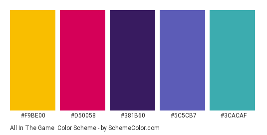 All in the Game - Color scheme palette thumbnail - #F9BE00 #D50058 #381B60 #5C5CB7 #3CACAF 