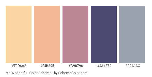 Mr. Wonderful - Color scheme palette thumbnail - #F9D6A2 #F4B895 #B98796 #4A4870 #99A1AC 