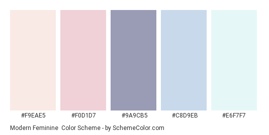 Modern Feminine - Color scheme palette thumbnail - #F9EAE5 #F0D1D7 #9A9CB5 #C8D9EB #E6F7F7 