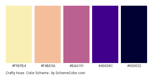 Crafty Hues - Color scheme palette thumbnail - #F9EFB4 #F4BE9A #BA6191 #40008C #000032 