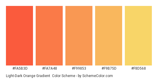Light-Dark Orange Gradient - Color scheme palette thumbnail - #FA5B3D #FA7A48 #F99853 #F9B75D #F8D568 
