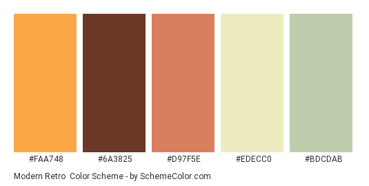 Modern Retro - Color scheme palette thumbnail - #FAA748 #6A3825 #D97F5E #EDECC0 #BDCDAB 
