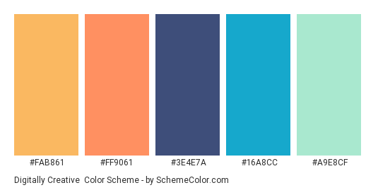 Digitally Creative - Color scheme palette thumbnail - #FAB861 #FF9061 #3E4E7A #16A8CC #A9E8CF 