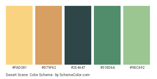 Desert Scene - Color scheme palette thumbnail - #FAD381 #D79F62 #2E4647 #518D6A #9BC692 
