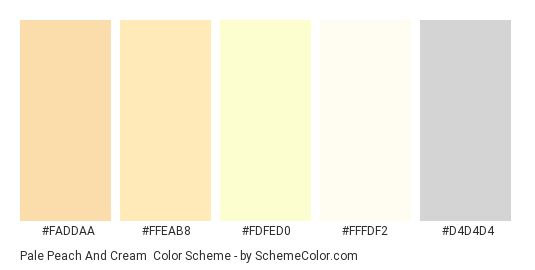 Pale Peach and Cream - Color scheme palette thumbnail - #FADDAA #FFEAB8 #FDFED0 #FFFDF2 #D4D4D4 
