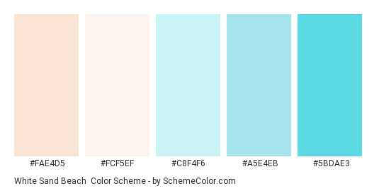White Sand Beach - Color scheme palette thumbnail - #FAE4D5 #FCF5EF #C8F4F6 #A5E4EB #5BDAE3 