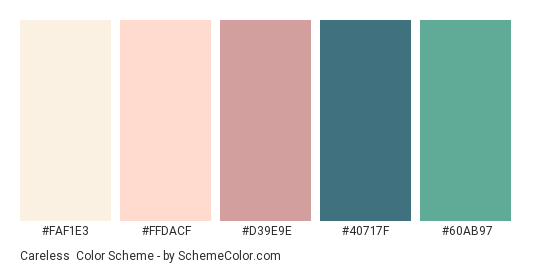 Careless - Color scheme palette thumbnail - #FAF1E3 #FFDACF #D39E9E #40717F #60AB97 