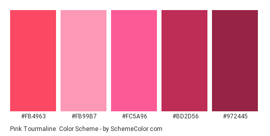 Pink Tourmaline - Color scheme palette thumbnail - #FB4963 #FB99B7 #FC5A96 #BD2D56 #972445 