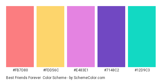 Best Friends Forever - Color scheme palette thumbnail - #FB7D80 #FDD56C #E483E1 #7148C2 #12D9C3 