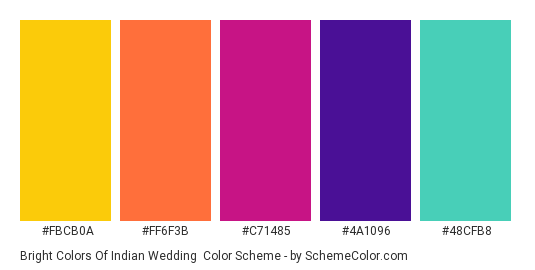 Bright Colors of Indian Wedding - Color scheme palette thumbnail - #FBCB0A #FF6F3B #C71485 #4A1096 #48CFB8 