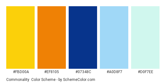 Commonality - Color scheme palette thumbnail - #FBD00A #EF8105 #07348C #A0D8F7 #D0F7EE 