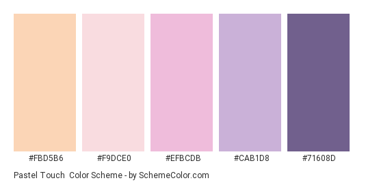 Pastel Touch - Color scheme palette thumbnail - #FBD5B6 #F9DCE0 #EFBCDB #CAB1D8 #71608D 