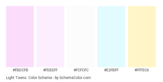 Light Teens - Color scheme palette thumbnail - #FBDCFB #FDEEFF #fcfcfc #E2FBFF #FFF5C6 