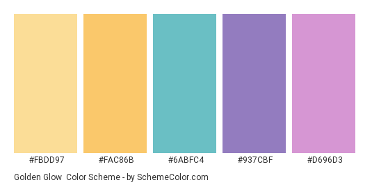 Golden Glow - Color scheme palette thumbnail - #FBDD97 #FAC86B #6ABFC4 #937CBF #D696D3 